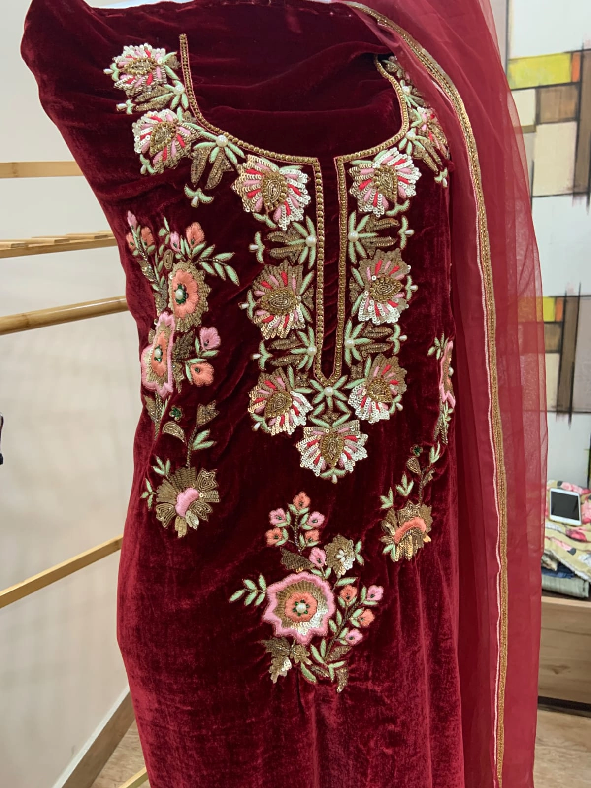 Maroon Micro Silk Velvet Salwar Suit Dupatta