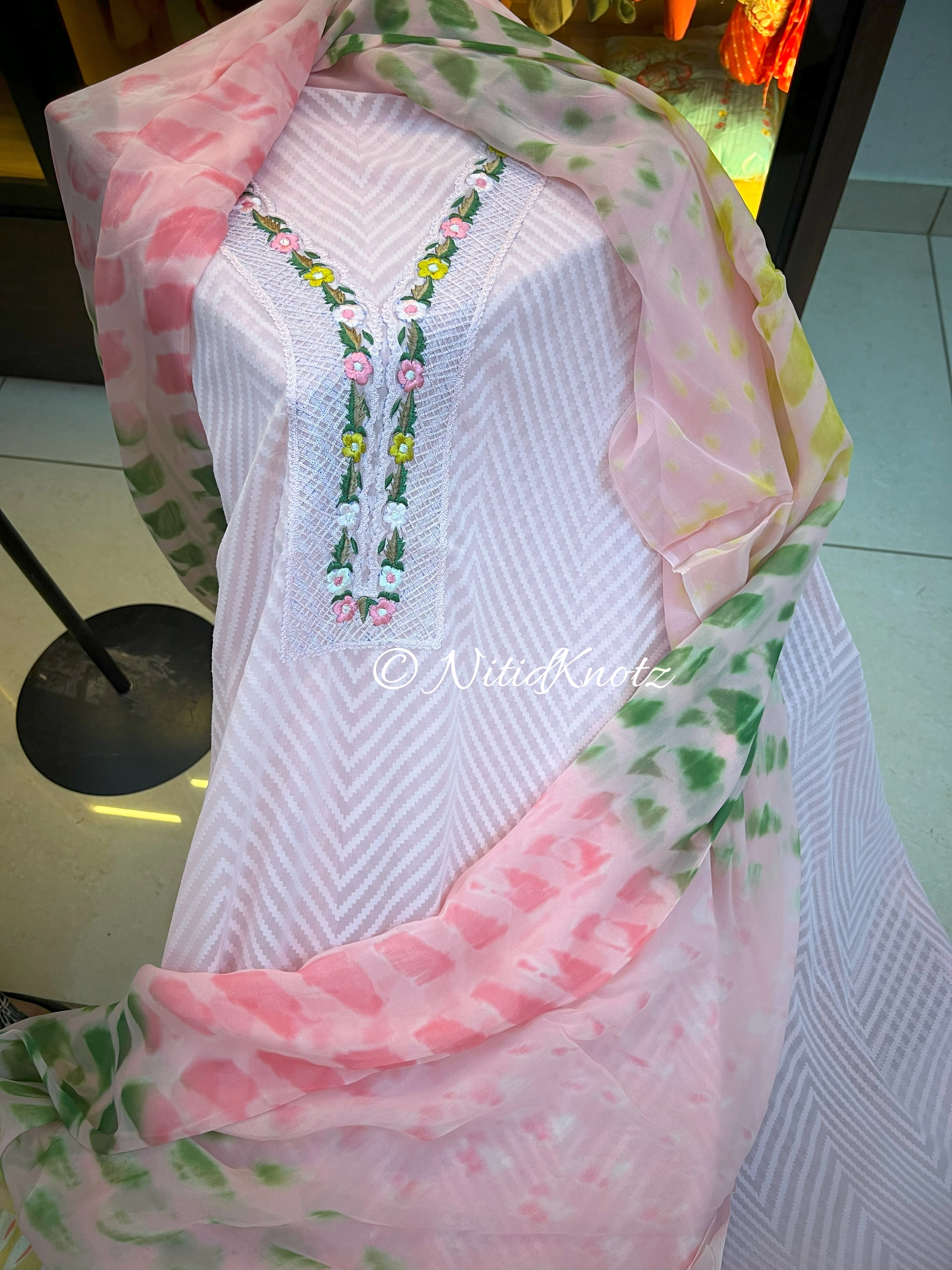 Self-Print Baby-Pink Georgette Salwar Suit