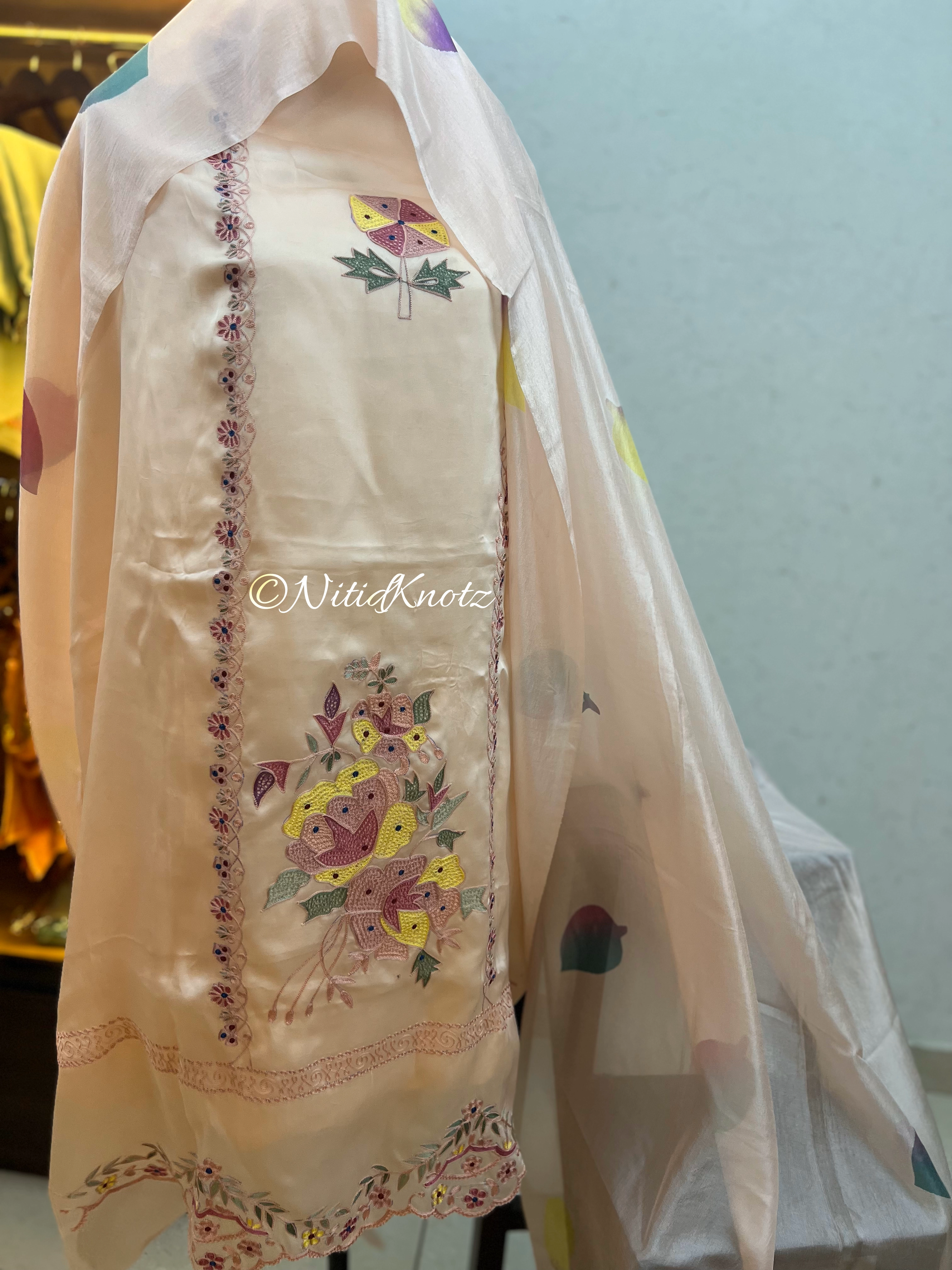 Peach Satin Organza Salwar Suit with Silk Dupatta